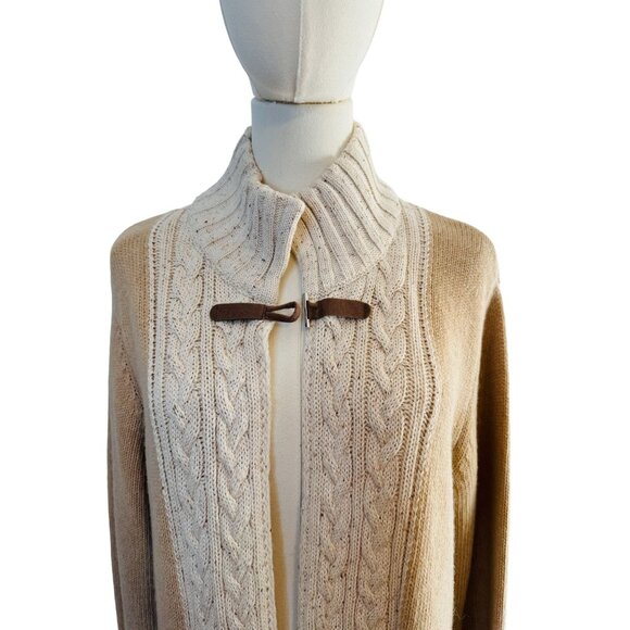 A.IDA Cable Knit Oatmeal Beige Long Cardigan L Open Front Toggle Closure Sweater - Picture 4 of 10